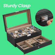 Lockable 12 Slot Watch Box with Glass Lid and Drawer for Mens Accessories by Songmics
