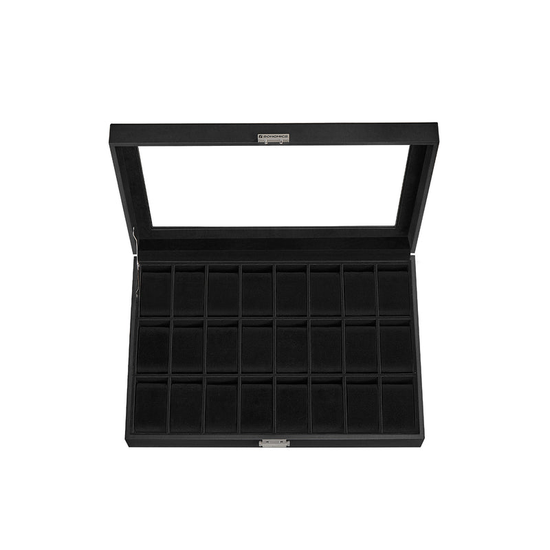 Lockable Black Watch Box with 24 Slots and Glass Lid for Display and Storage by Songmics