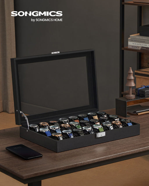 Lockable Black Watch Box with 24 Slots and Glass Lid for Display and Storage by Songmics