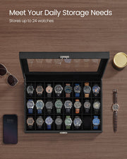 Lockable Black Watch Box with 24 Slots and Glass Lid for Display and Storage by Songmics
