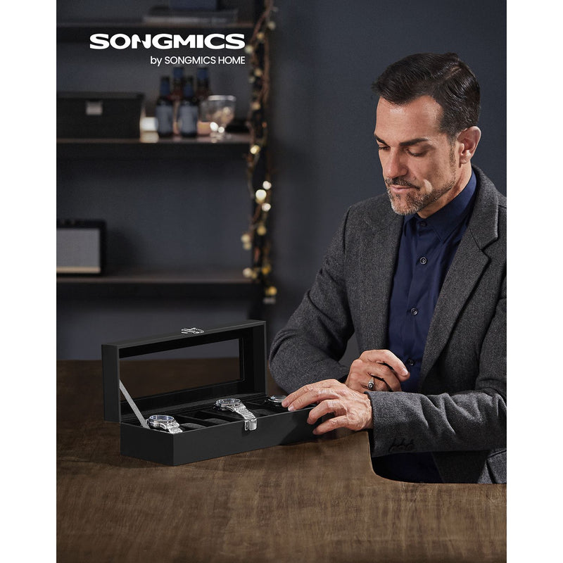 Six Slot Watch Box with Glass Lid Organiser for Men and Women by Songmics