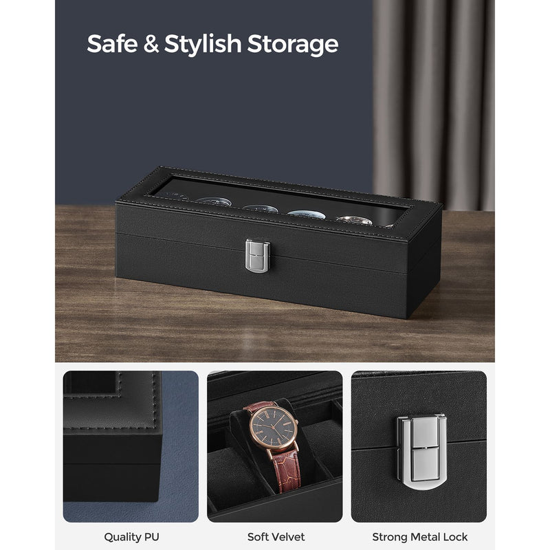 Six Slot Watch Box with Glass Lid Organiser for Men and Women by Songmics