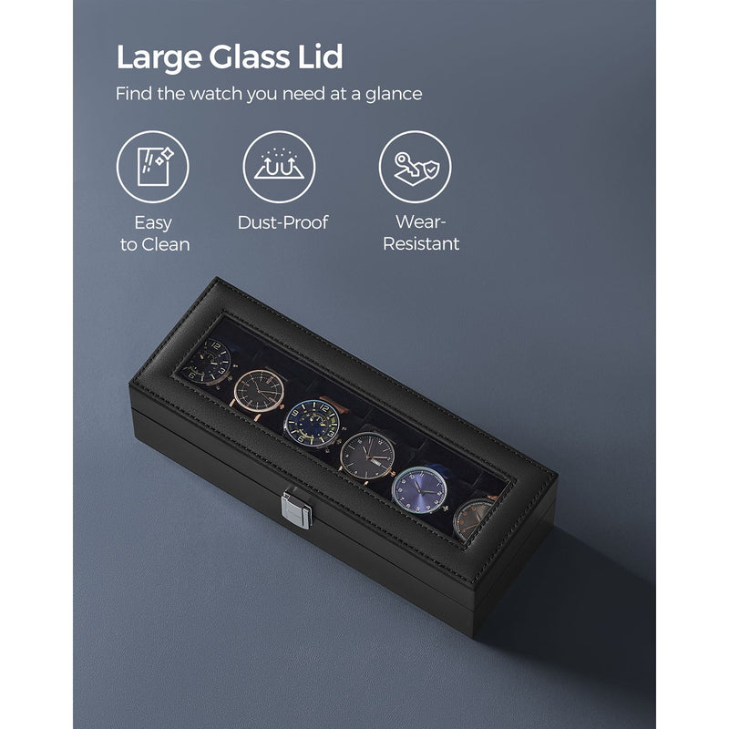 Six Slot Watch Box with Glass Lid Organiser for Men and Women by Songmics