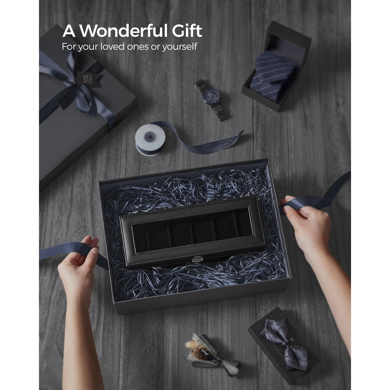Six Slot Watch Box with Glass Lid Organiser for Men and Women by Songmics