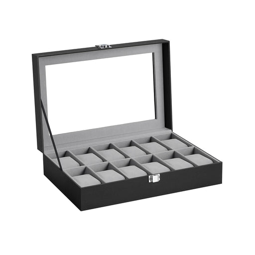 Black 12 Slot Watch Box Organizer with Glass Lid and Soft Lining for Men by SONGMICS