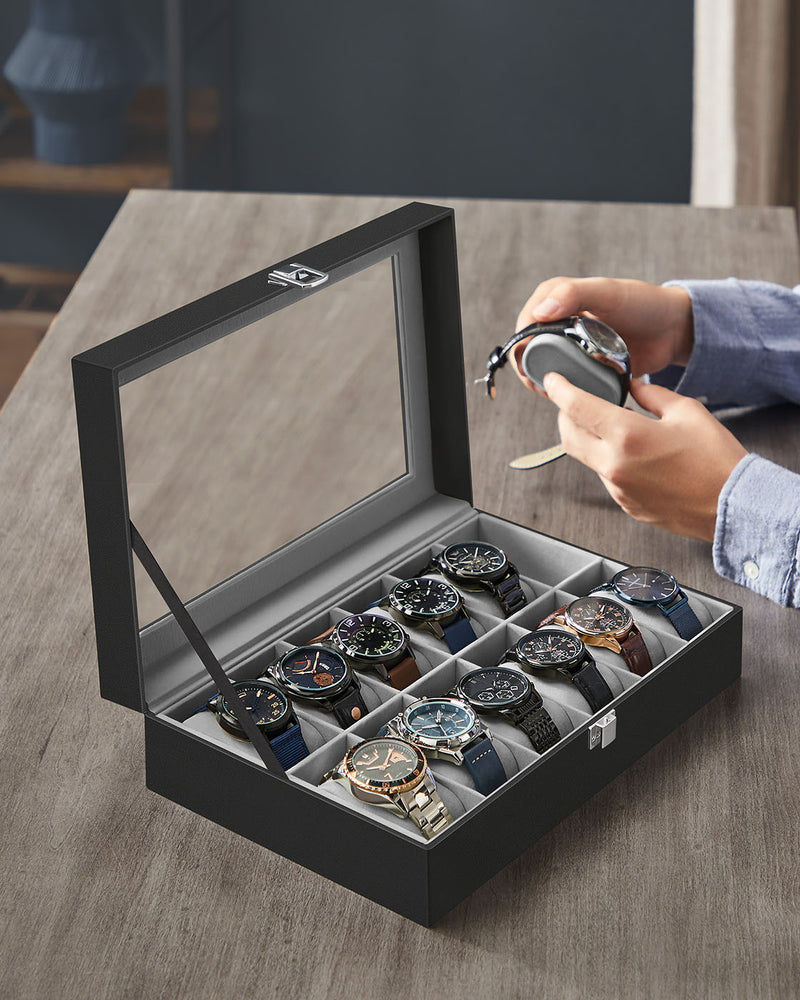 Black 12 Slot Watch Box Organizer with Glass Lid and Soft Lining for Men by SONGMICS