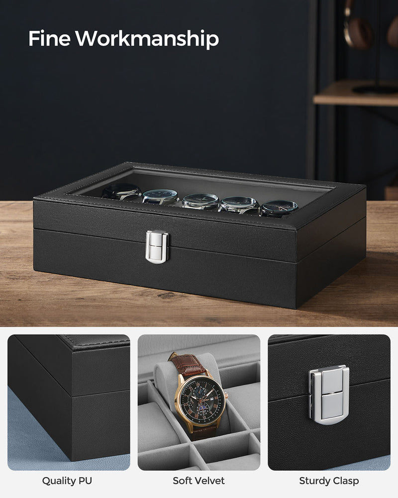 Black 12 Slot Watch Box Organizer with Glass Lid and Soft Lining for Men by SONGMICS