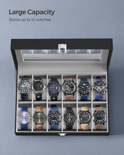 Black 12 Slot Watch Box Organizer with Glass Lid and Soft Lining for Men by SONGMICS