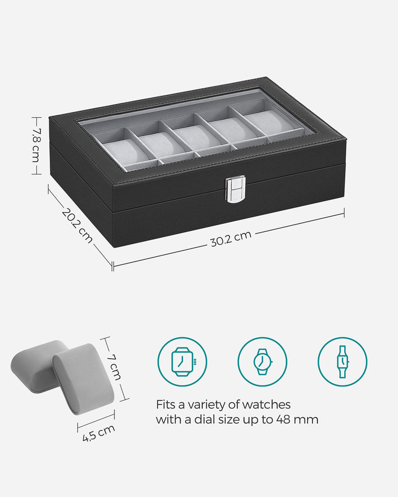 Black 12 Slot Watch Box Organizer with Glass Lid and Soft Lining for Men by SONGMICS