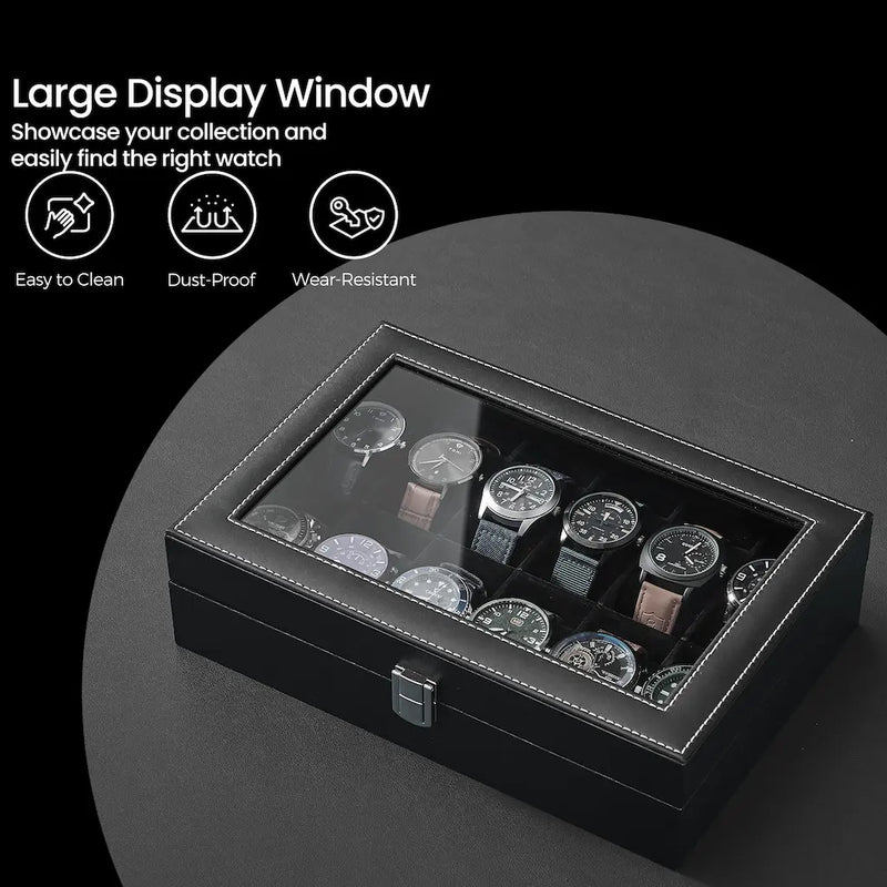 12 Slot Watch Box Organiser with Glass Lid and Removable Cushions for Men by Songmics