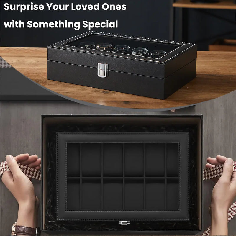12 Slot Watch Box Organiser with Glass Lid and Removable Cushions for Men by Songmics