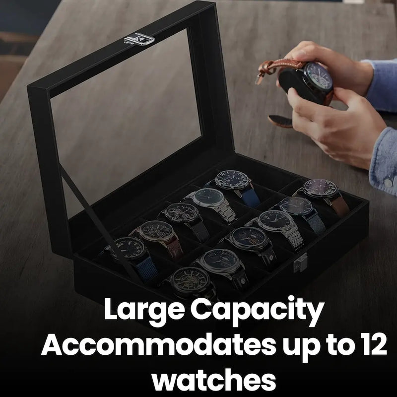 12 Slot Watch Box Organiser with Glass Lid and Removable Cushions for Men by Songmics