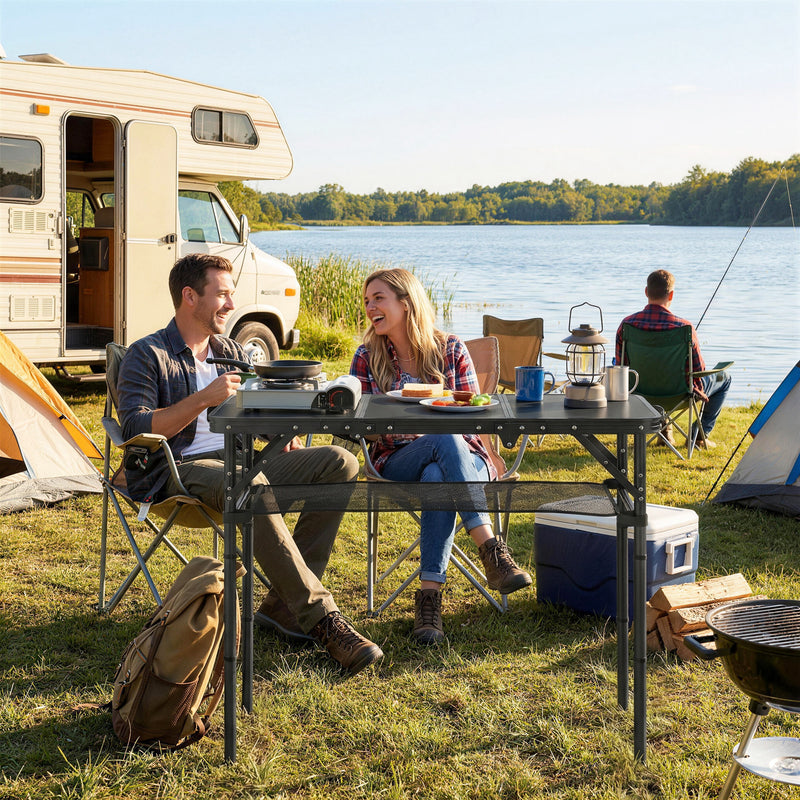 Folding Picnic Table with Mesh Shelf for Easy Outdoor Meals and Camping Black