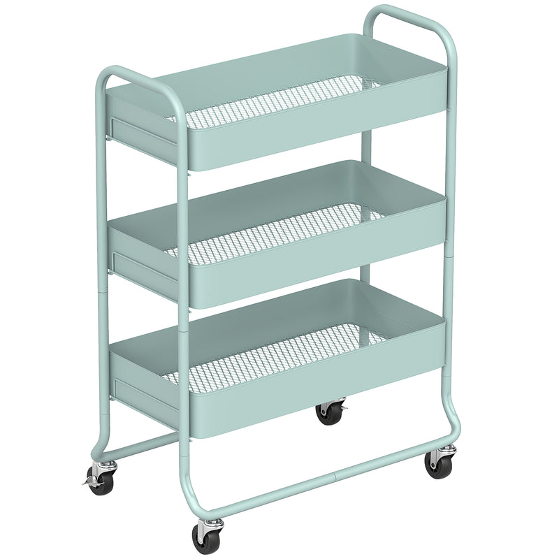 3 Tier Rolling Storage Trolley With Mesh Baskets For Kitchen Or Bathroom Use Light Green