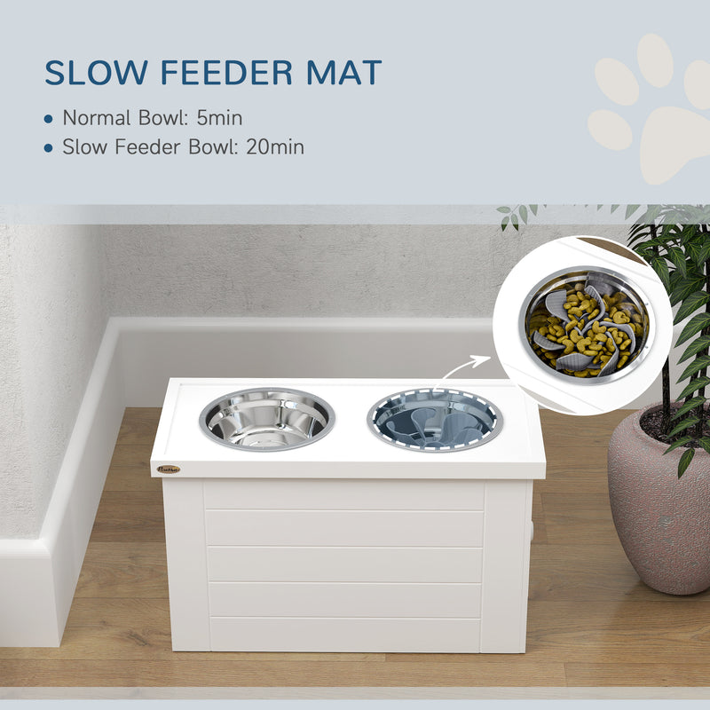 White Raised Dog Bowl Stand With Slow Feeder Mat Storage Cabinet and 3 Stainless Steel Bowls by PawHut