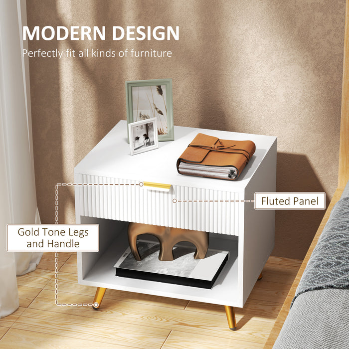 White Bedside Table with Gold Legs, Drawer and Shelf Elegant Design by HOMCOM