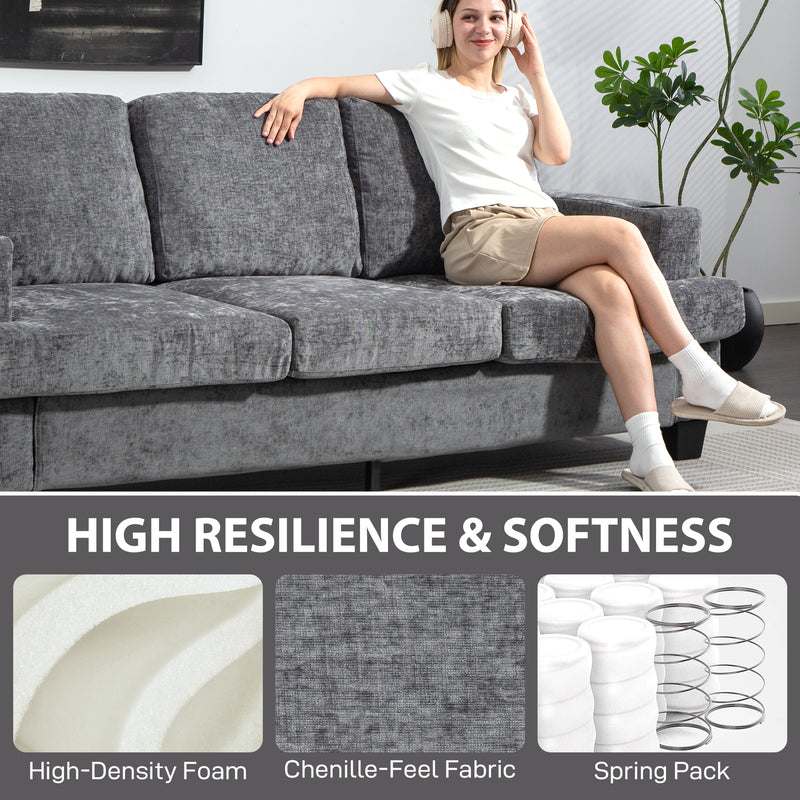 3 Seater Sofa With USB Charging Ports And Cup Holders For Lounge, Grey