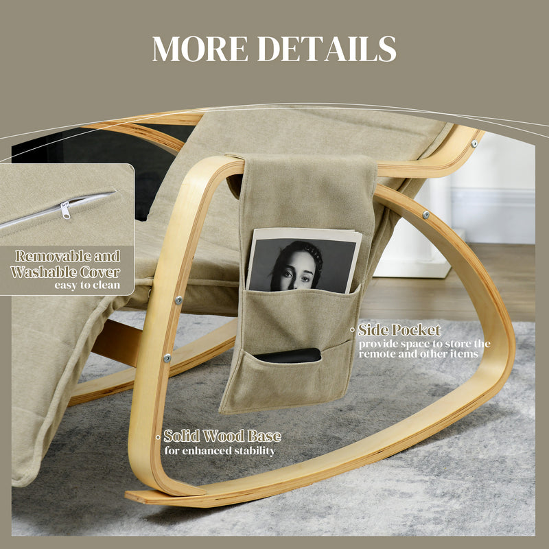 Rocking Recliner Lounge Chair with Adjustable Footrest and Side Pocket for Relaxing Khaki