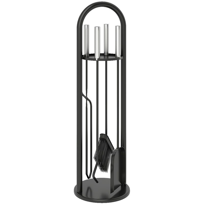 5 Piece Metal Fireplace Tool Set With Brush Shovel Poker and Ash Bucket, Black & Silver