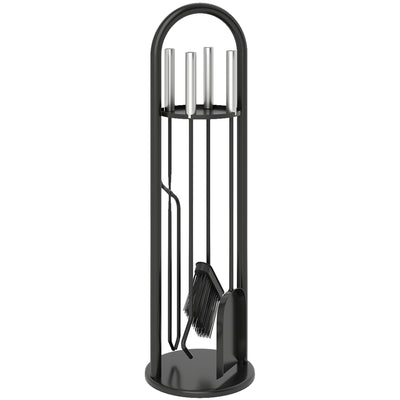 5 Piece Metal Fireplace Tool Set With Brush Shovel Poker and Ash Bucket, Black & Silver