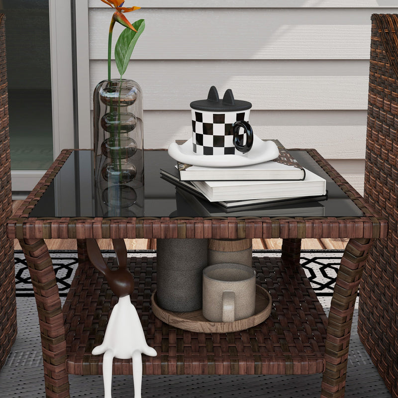 Brown Rattan Two Tier Square Coffee Table With Storage Shelf For Garden Patio Use