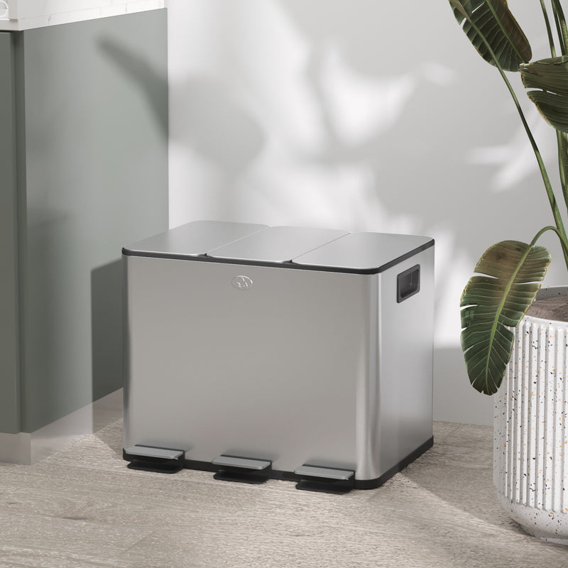 Kitchen Pedal Bin with Three Compartments for Easy Waste and Recycling Sorting Silver Tone AOSOM