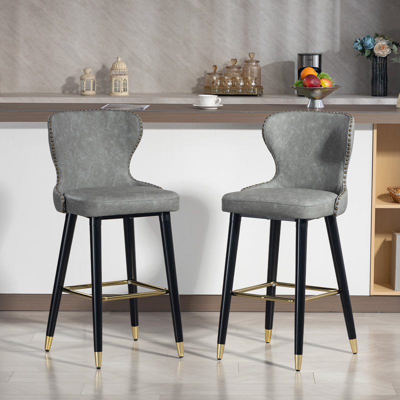 Set of 2 PU Leather Bar Stools with Backrest and Footrest for Kitchen or Breakfast Bar Grey