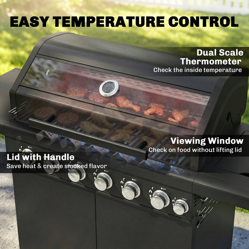 6 Burner Gas BBQ Grill With Side Burner for Easy Outdoor Cooking and Entertaining in the Garden Black Outsunny