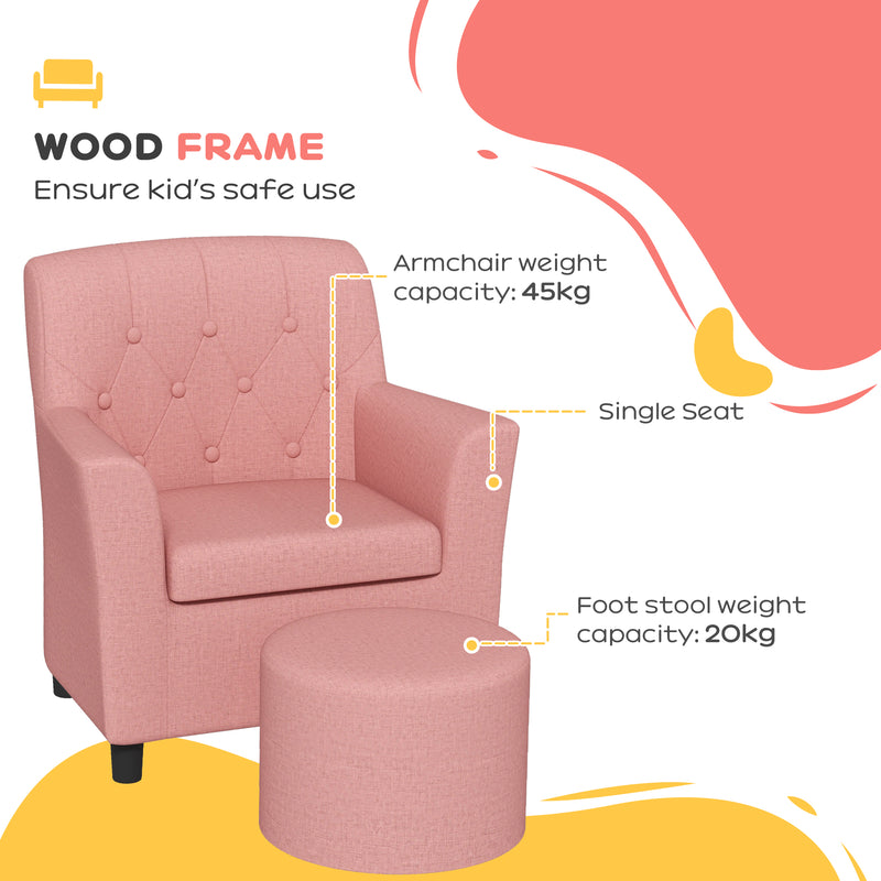 2 Piece Kids Sofa Set with Footrest for Bedroom or Playroom Supportive Design, Pink
