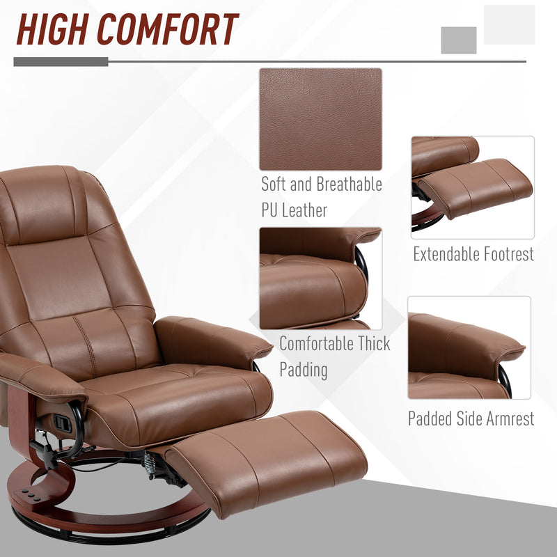 Reclining Faux Leather Armchair with Footrest and 145 Degree Backrest for Lounge Comfort Brown