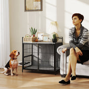 Grey Dog Crate Furniture with Rotating Bowl Holder and Double Doors for Medium Dogs by PawHut