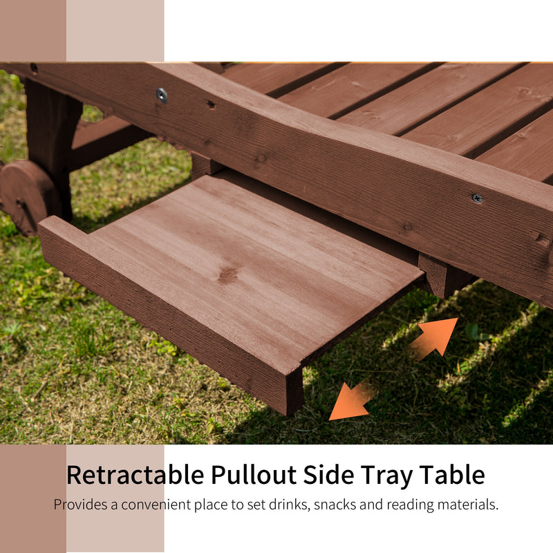 Brown Wooden Sun Lounger Chair With Wheels Adjustable Back and Side Table for Garden