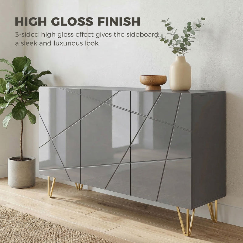 Sideboard Storage Cabinet with Adjustable Shelves for Living Room or Hallway High Gloss Grey AOSOM