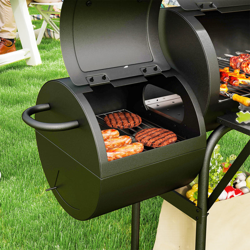 Charcoal BBQ Grill and Smoker for Garden Parties with Shelves and Wheels Black Outsunny