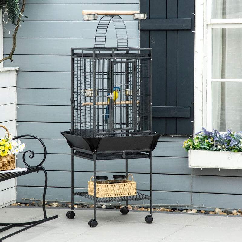 Tall Parrot Bird Cage With Open Play Top Perch Wheels and Storage Shelf Dark Grey AOSOM
