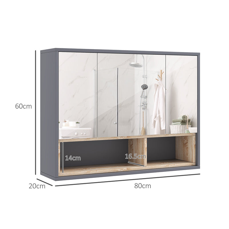 Grey Wall Mounted Bathroom Mirror Cabinet With 3 Doors and Storage by HOMCOM