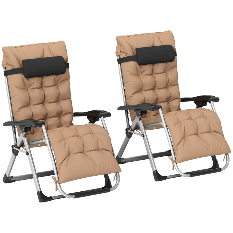 2 Piece Reclining Zero Gravity Sun Loungers with Cushions Khaki by Outsunny