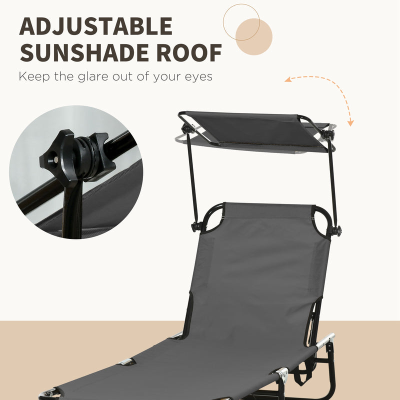 Set of Two Grey Folding Sun Loungers With Adjustable Backs and Sun Canopies by Outsunny