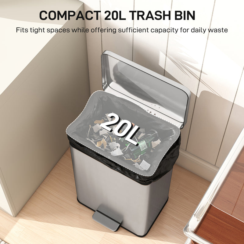 Stainless Steel 20L Pedal Kitchen Bin with Soft Close Lid and Removable Inner Bucket for Home