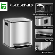 Double Bin For Kitchen Bin with Dual Compartments for Rubbish and Recycling, Stainless Steel, Silver Homcom