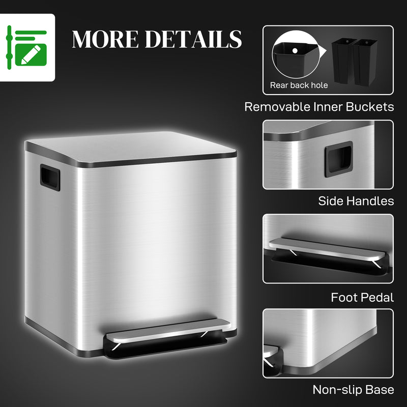 Double Bin For Kitchen Bin with Dual Compartments for Rubbish and Recycling, Stainless Steel, Silver Homcom