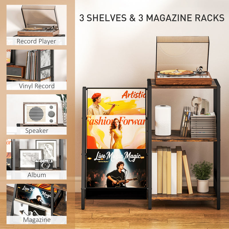 Rustic Brown 3 Tier Record Player Stand With Storage For Living Room Or Bedroom Use