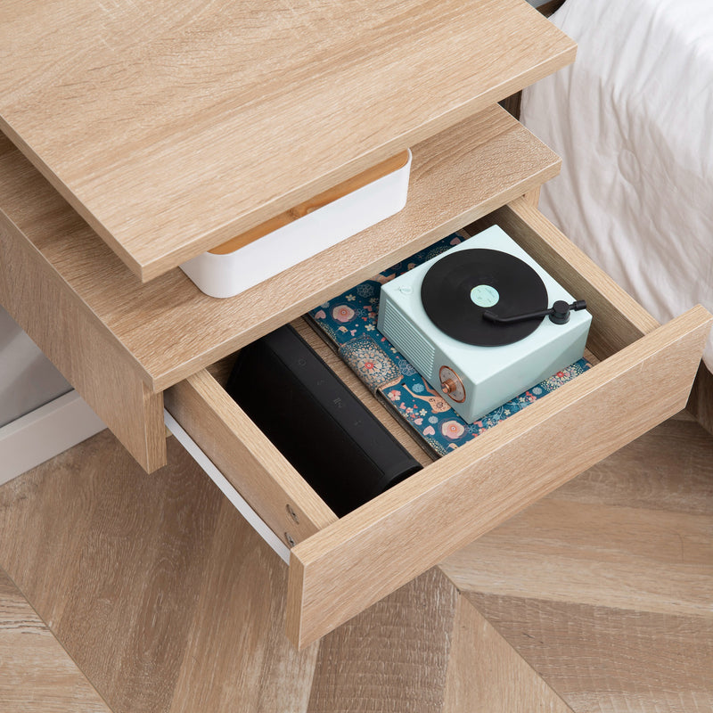 Set of Two Wall Mounted Bedside Tables with Storage Shelves Space Saving Oak Finish