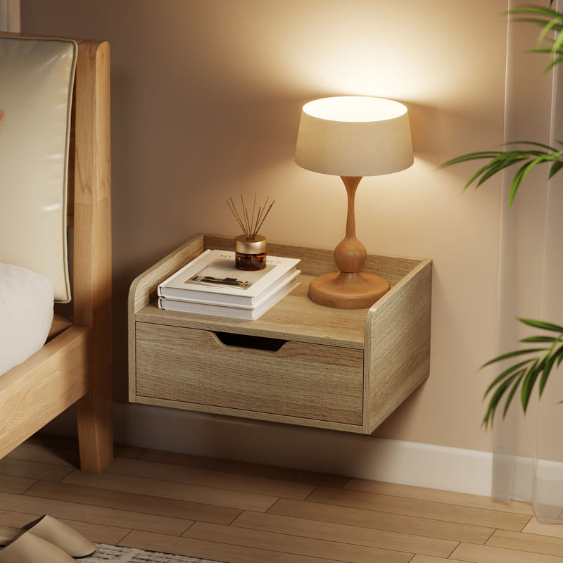 Floating Bedside Tables Set of 2 with Drawer and Shelf for Space Saving Storage Natural Wood AOSOM