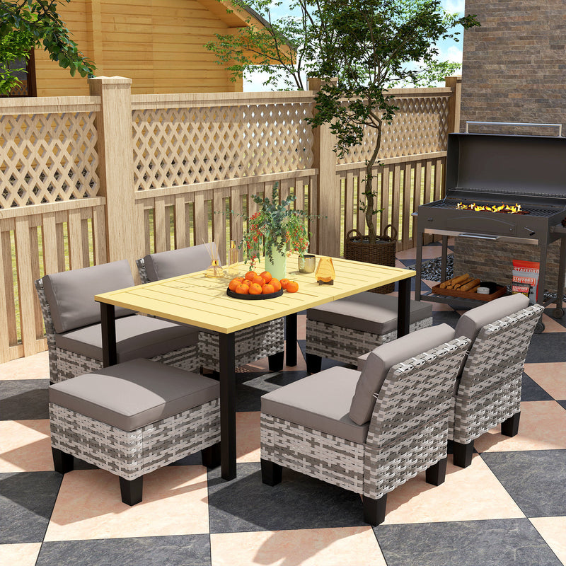 Grey 6 Seater Rattan Patio Dining Set with Cushions and Slatted Table by Outsunny