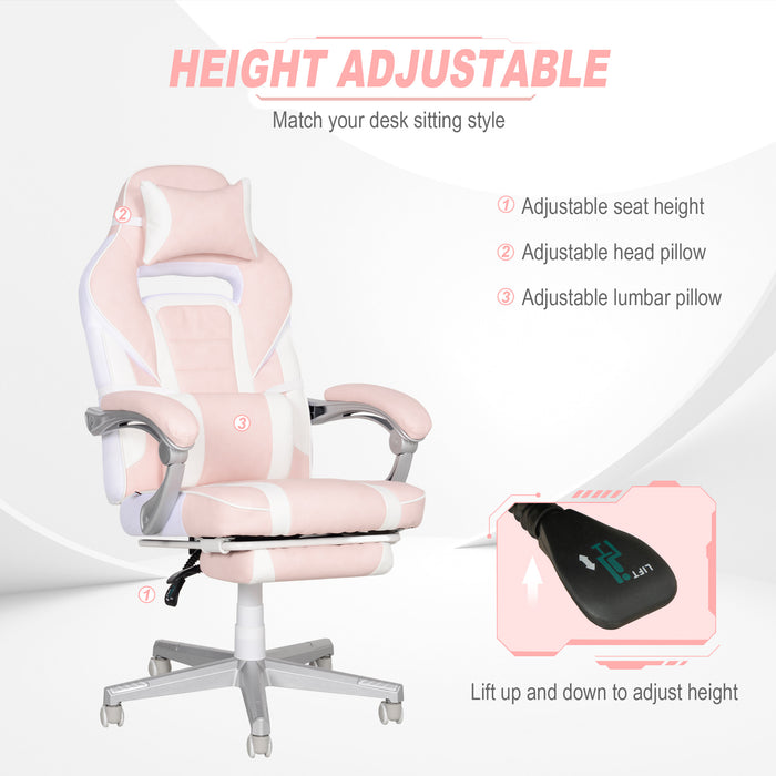 Pink and White Leather Reclining Gaming Chair With Footrest by HOMCOM