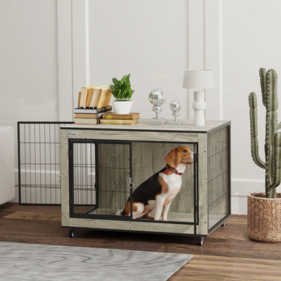 Grey Wooden Dog Crate Furniture with Wheels and Double Doors for Medium Dogs 80cm by PawHut