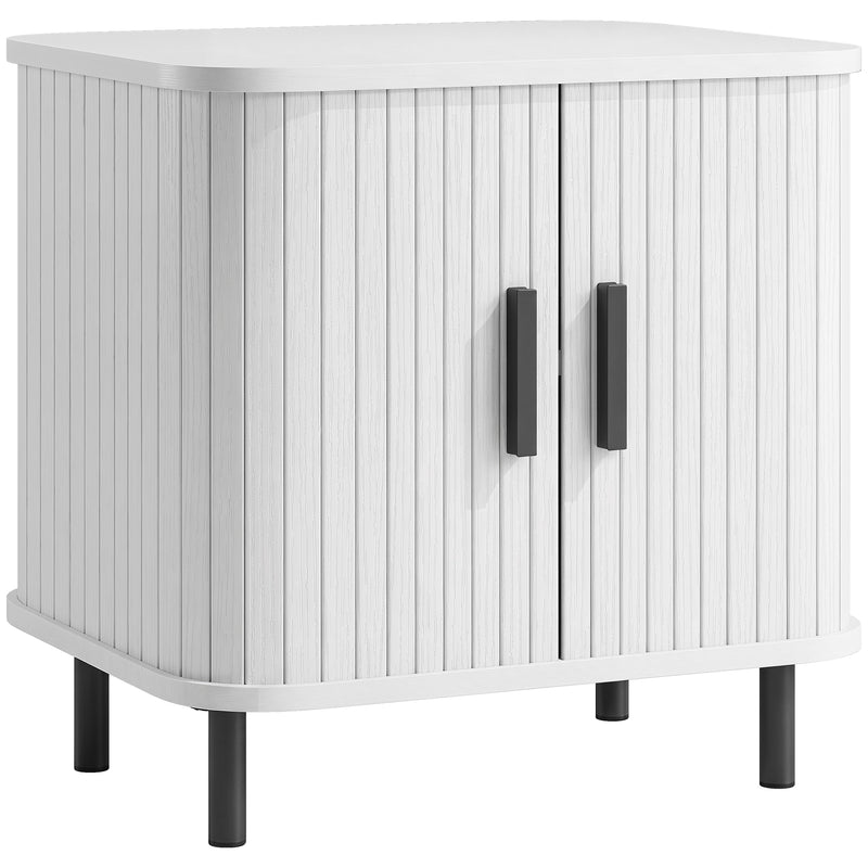 Bedside Table with Sliding Tambour Door, Two Shelves, Black Metal Legs for Organised Bedroom Storage White Wood Effect