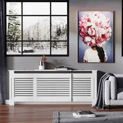 White Extendable Radiator Cover With Slatted Design And Storage Shelf For Home Office