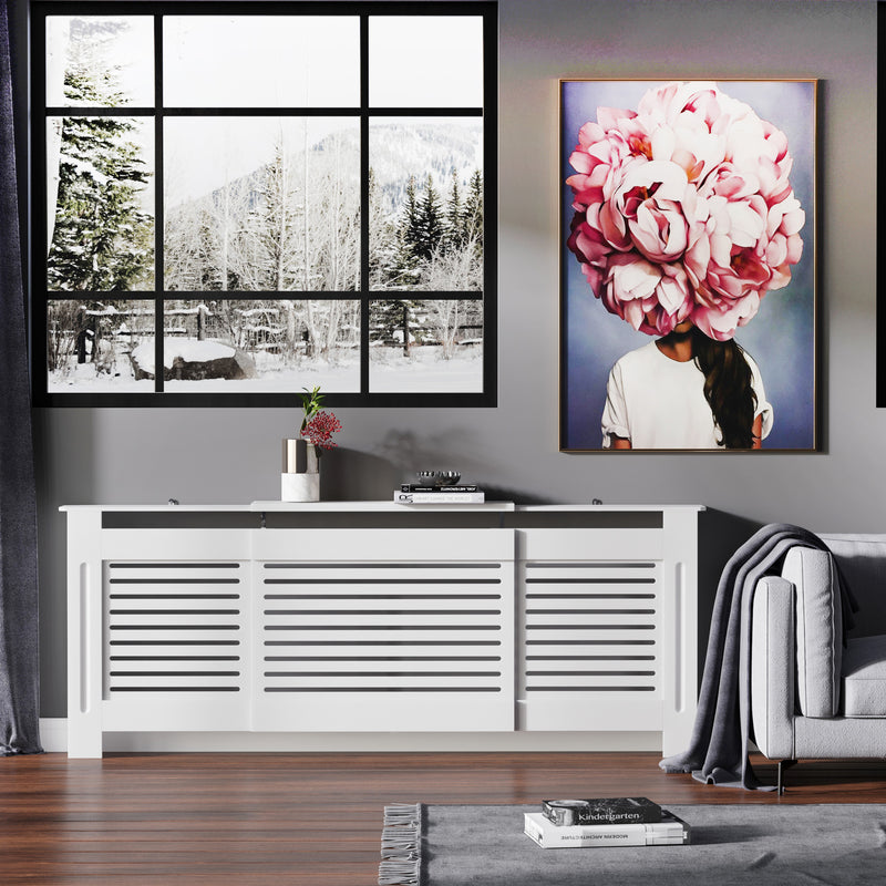 White Extendable Radiator Cover With Slatted Design And Storage Shelf For Home Office